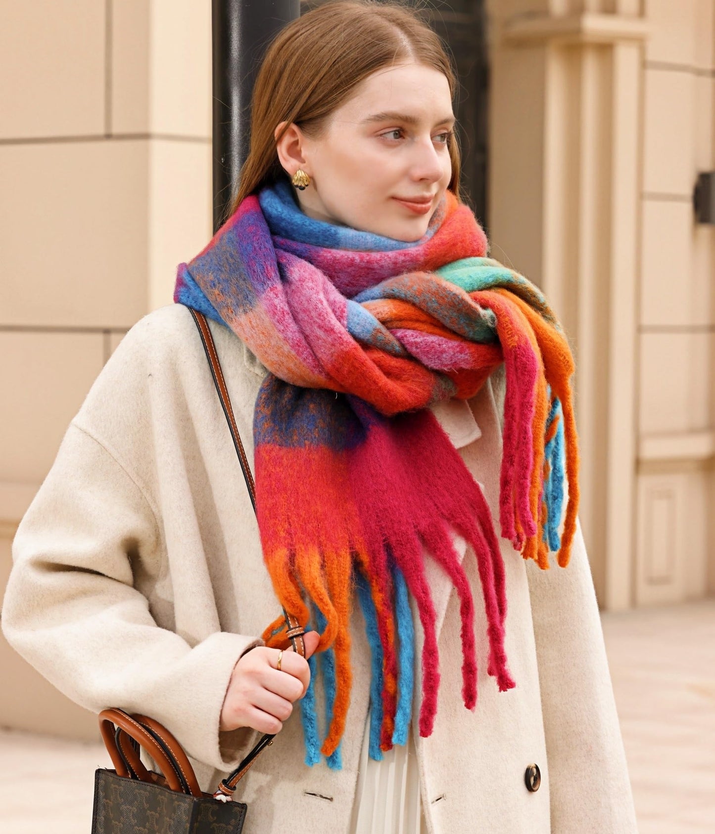 Cozy Warm Long Winter Scarf for Women - Thick Colorful Plaid Shawl, Ideal for Cold Weather, Large Blanket Scarf in Caramel and Green Tones