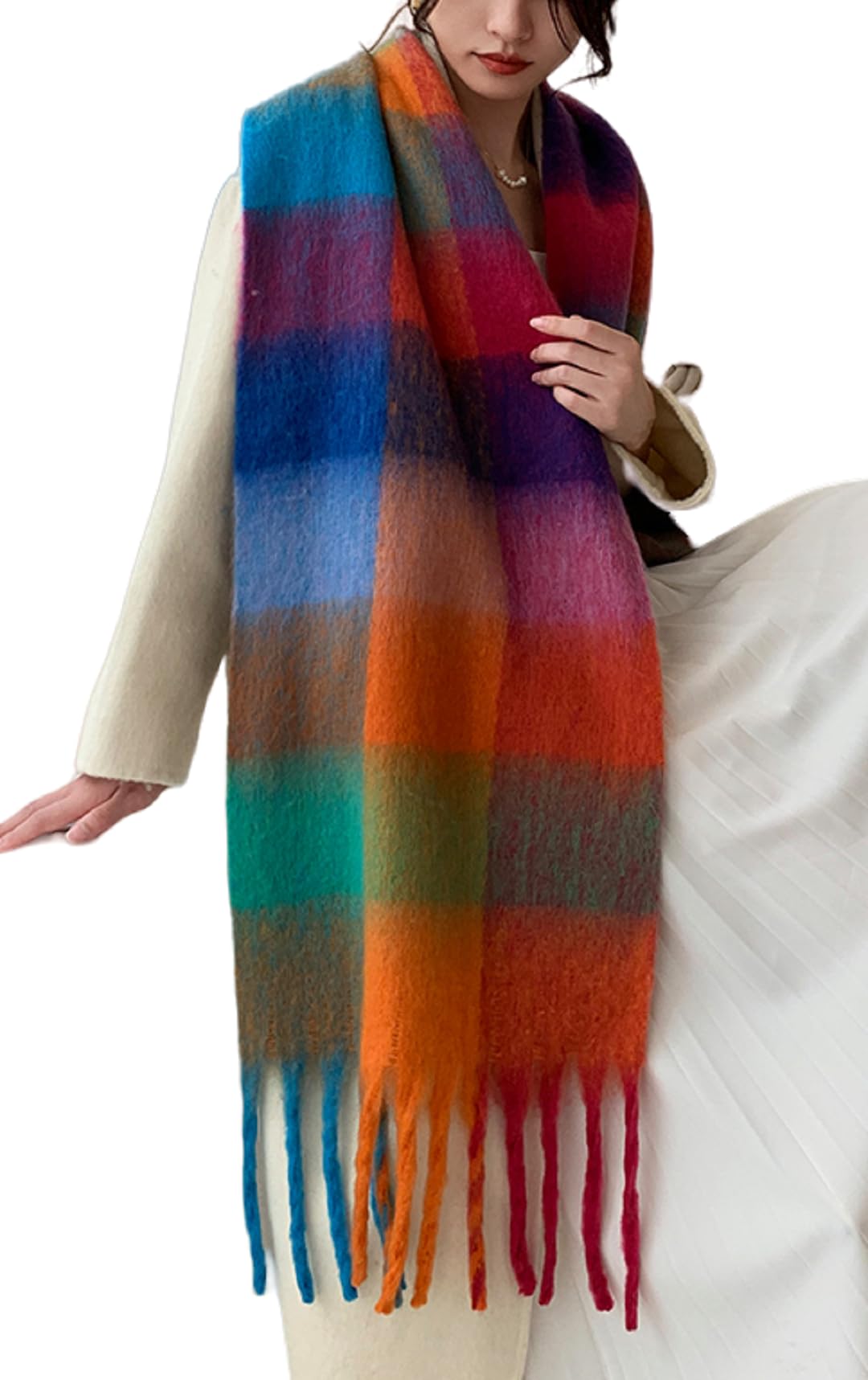 Cozy Warm Long Winter Scarf for Women - Thick Colorful Plaid Shawl, Ideal for Cold Weather, Large Blanket Scarf in Caramel and Green Tones
