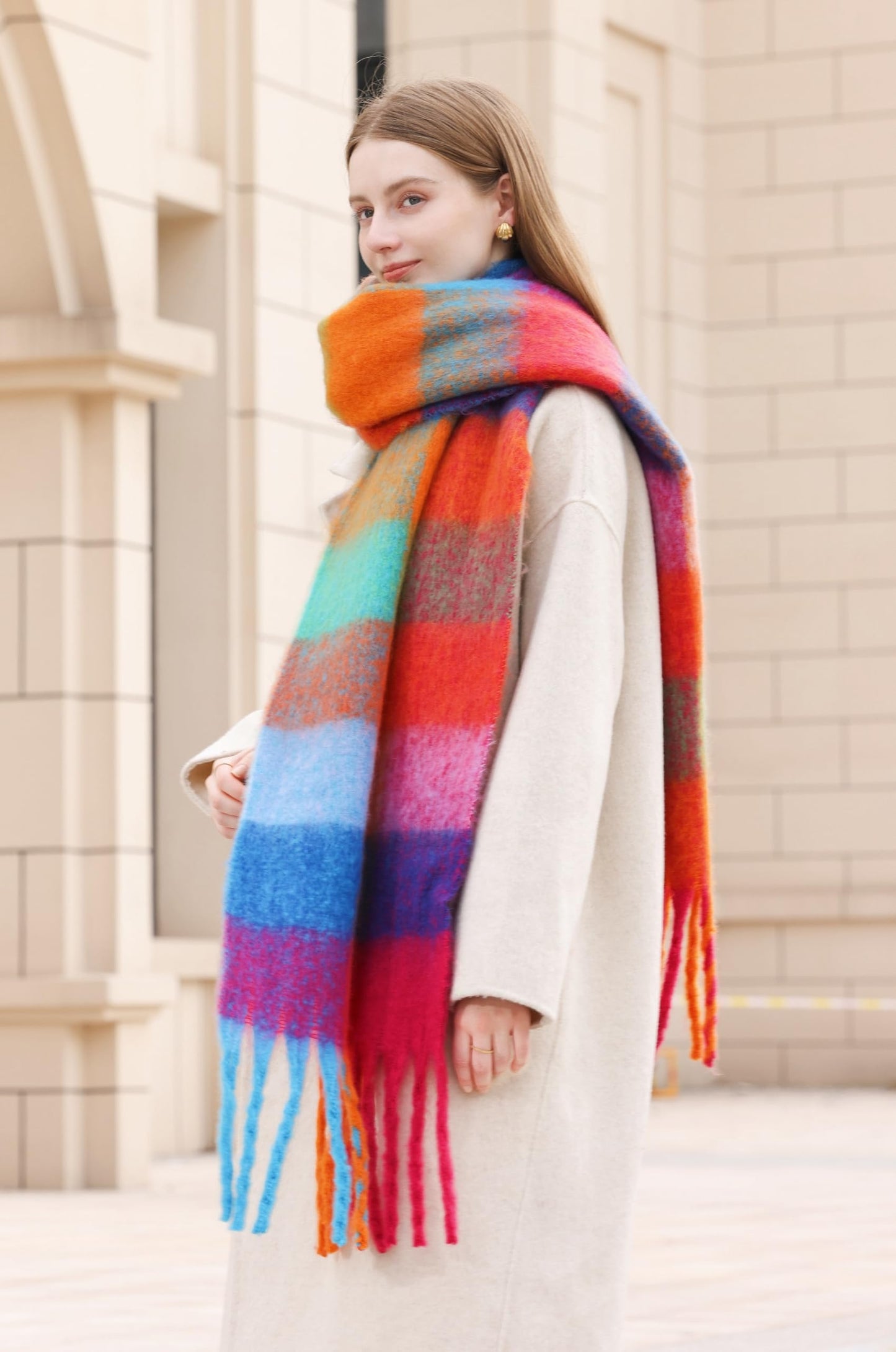 Cozy Warm Long Winter Scarf for Women - Thick Colorful Plaid Shawl, Ideal for Cold Weather, Large Blanket Scarf in Caramel and Green Tones