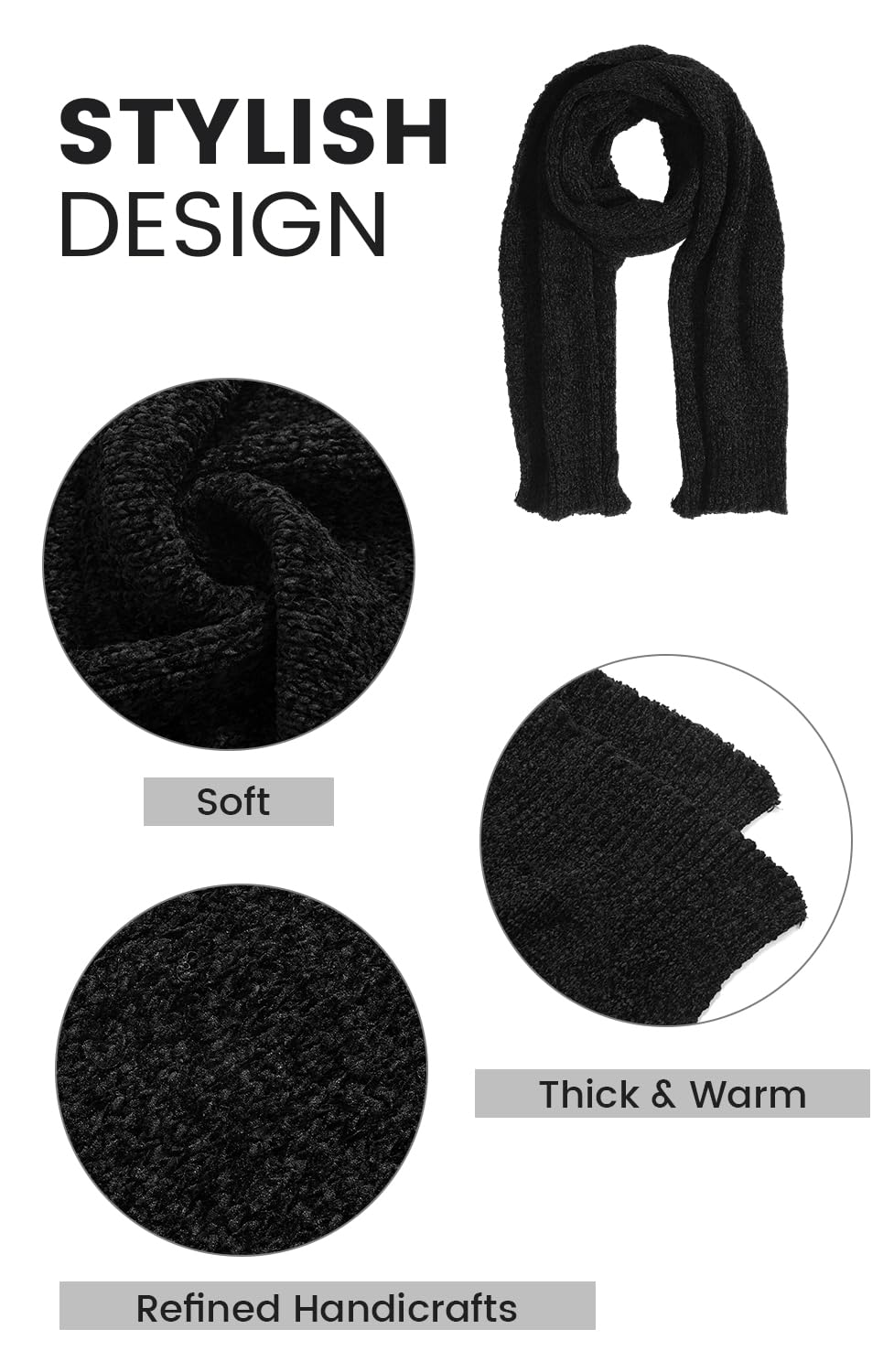 Soft Chenille Winter Scarf for Women - Warm and Thick Cold Weather Scarf in Black, Ideal for Cozying Up During Chilly Days and Stylish Winter Adventures