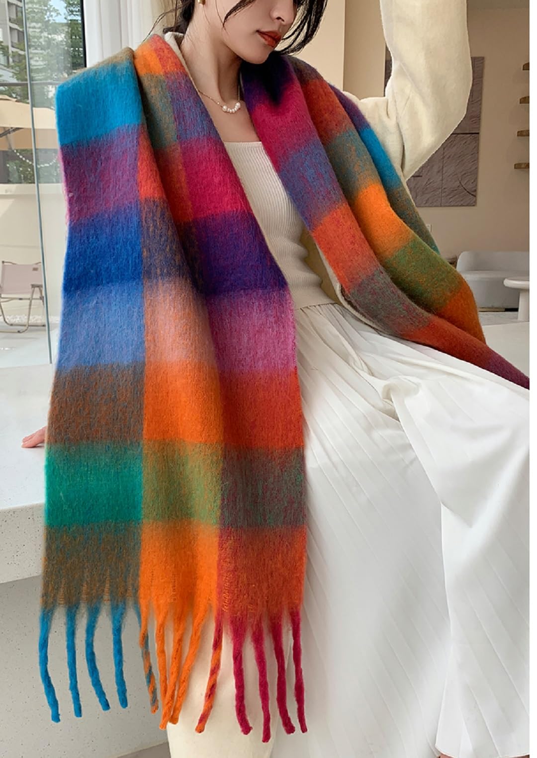 Cozy Warm Long Winter Scarf for Women - Thick Colorful Plaid Shawl, Ideal for Cold Weather, Large Blanket Scarf in Caramel and Green Tones
