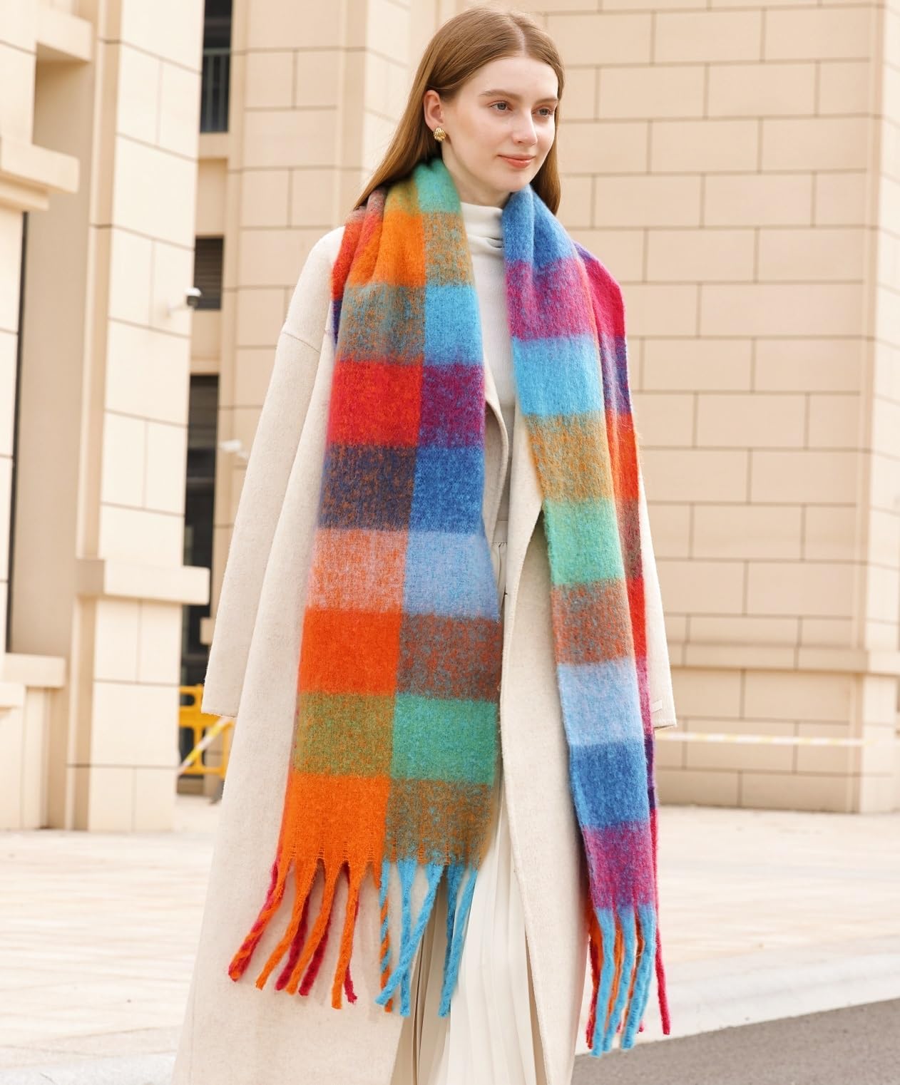 Cozy Warm Long Winter Scarf for Women - Thick Colorful Plaid Shawl, Ideal for Cold Weather, Large Blanket Scarf in Caramel and Green Tones