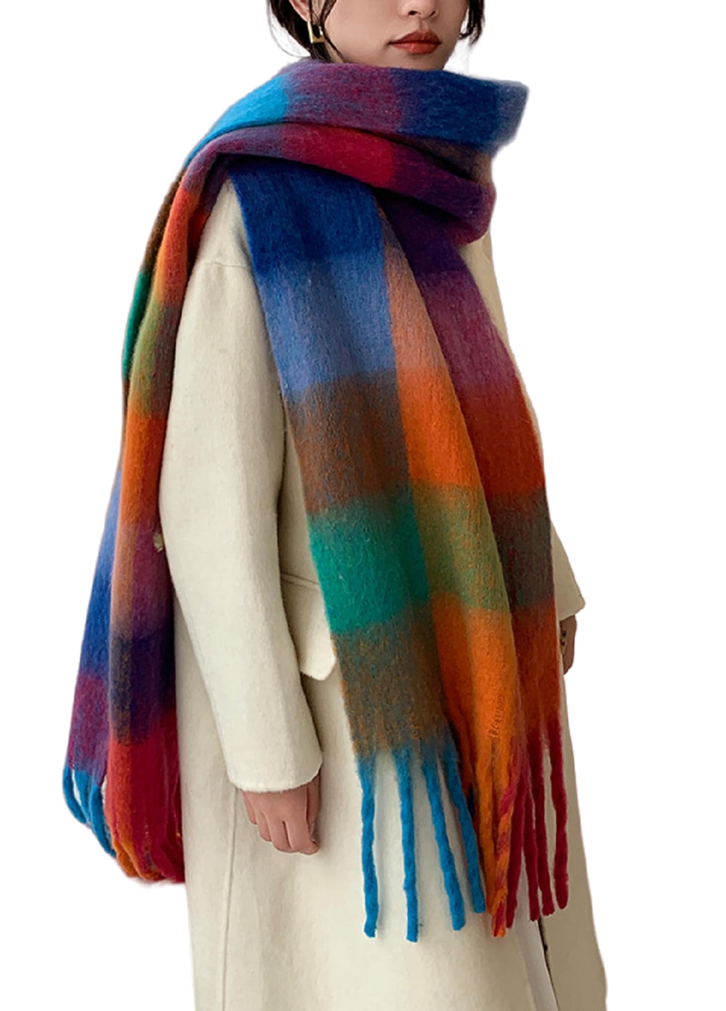 Cozy Warm Long Winter Scarf for Women - Thick Colorful Plaid Shawl, Ideal for Cold Weather, Large Blanket Scarf in Caramel and Green Tones