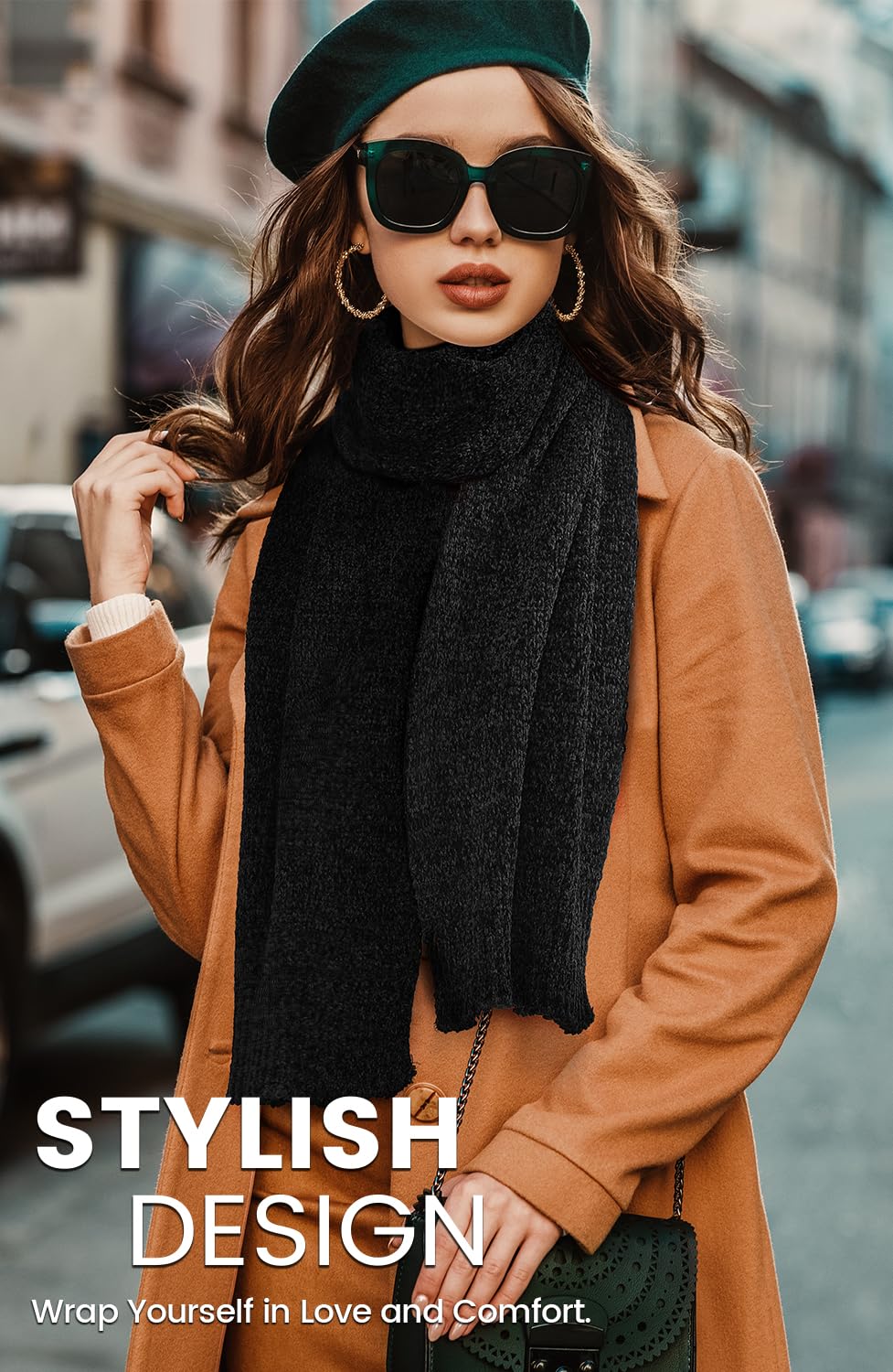 Soft Chenille Winter Scarf for Women - Warm and Thick Cold Weather Scarf in Black, Ideal for Cozying Up During Chilly Days and Stylish Winter Adventures