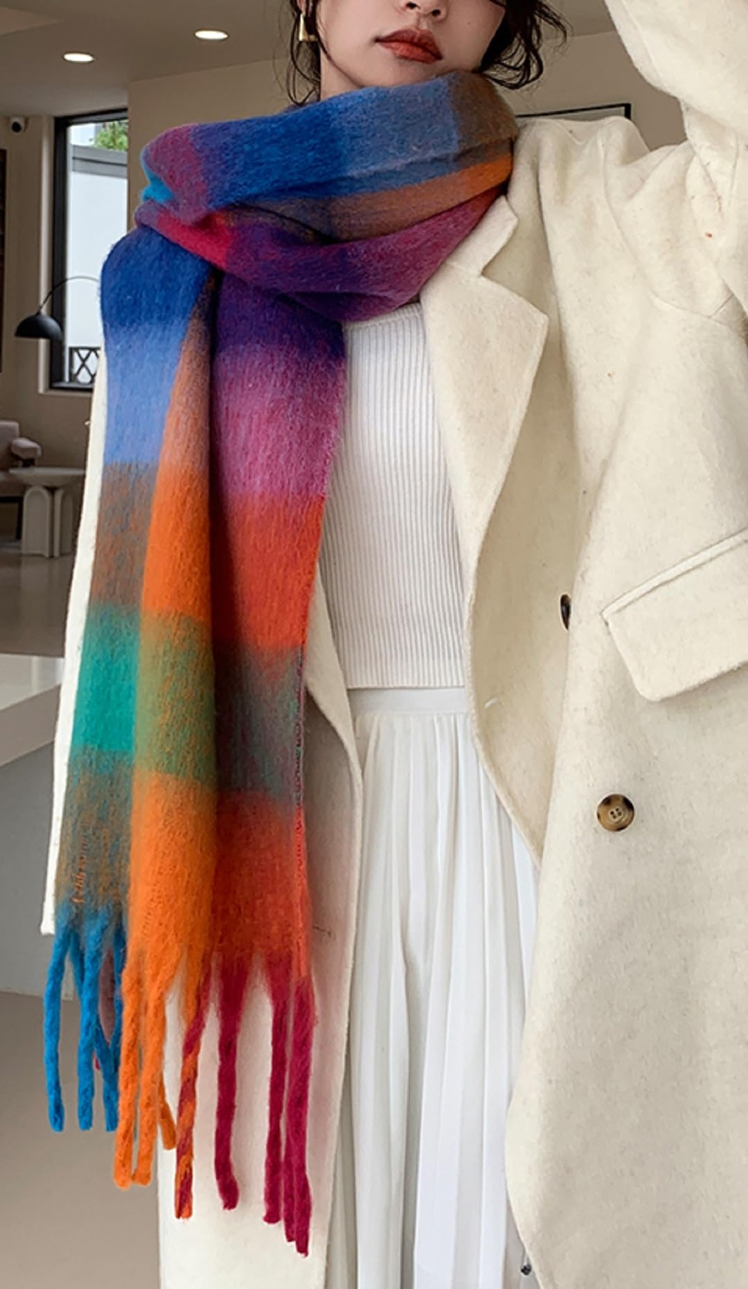 Cozy Warm Long Winter Scarf for Women - Thick Colorful Plaid Shawl, Ideal for Cold Weather, Large Blanket Scarf in Caramel and Green Tones