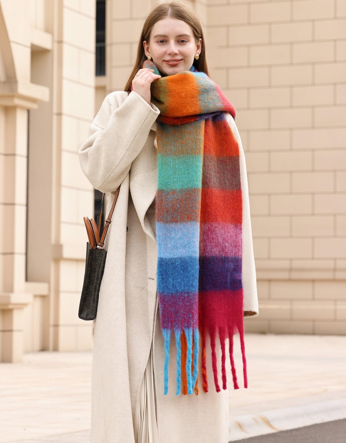 Cozy Warm Long Winter Scarf for Women - Thick Colorful Plaid Shawl, Ideal for Cold Weather, Large Blanket Scarf in Caramel and Green Tones