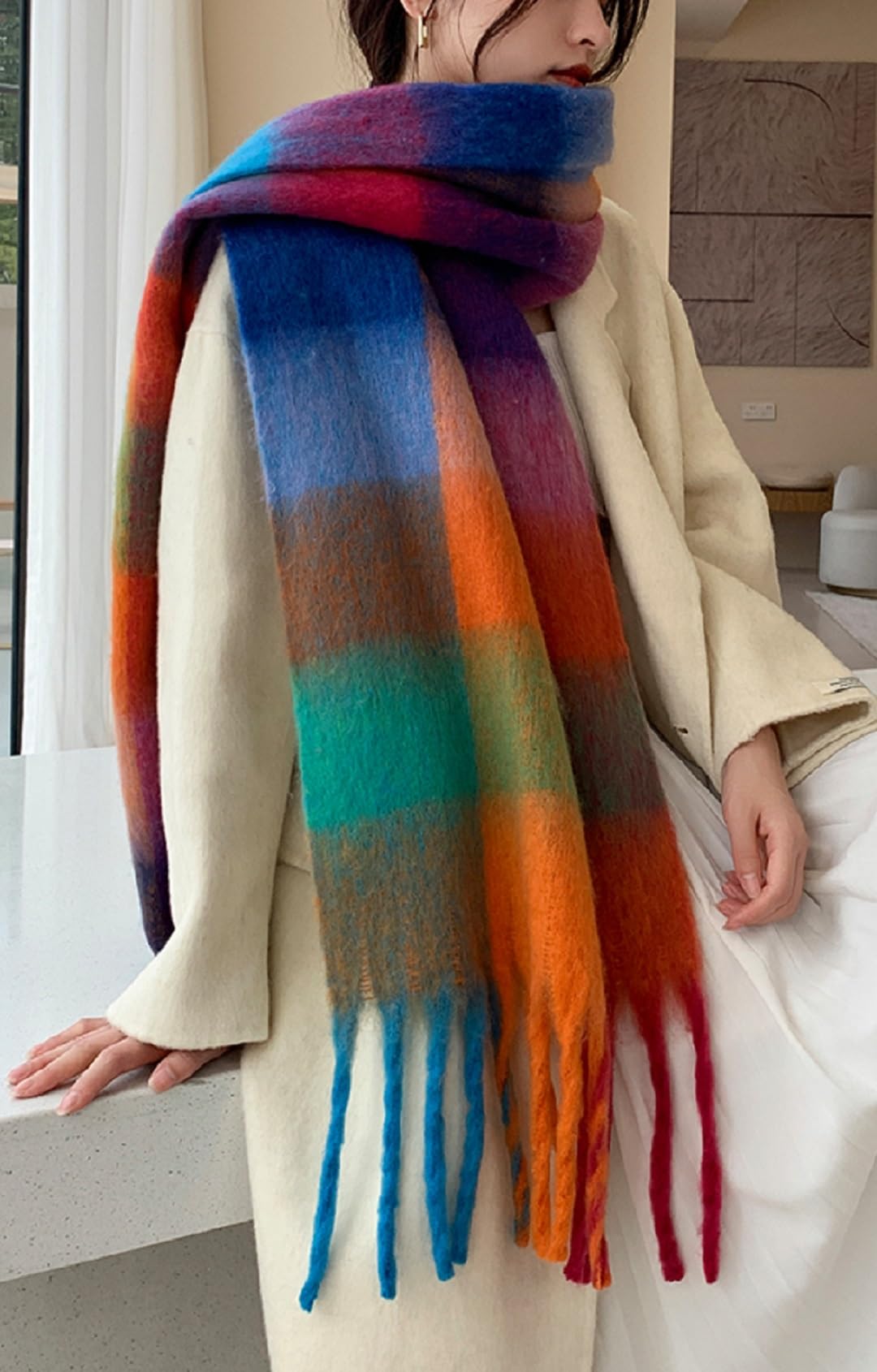 Cozy Warm Long Winter Scarf for Women - Thick Colorful Plaid Shawl, Ideal for Cold Weather, Large Blanket Scarf in Caramel and Green Tones
