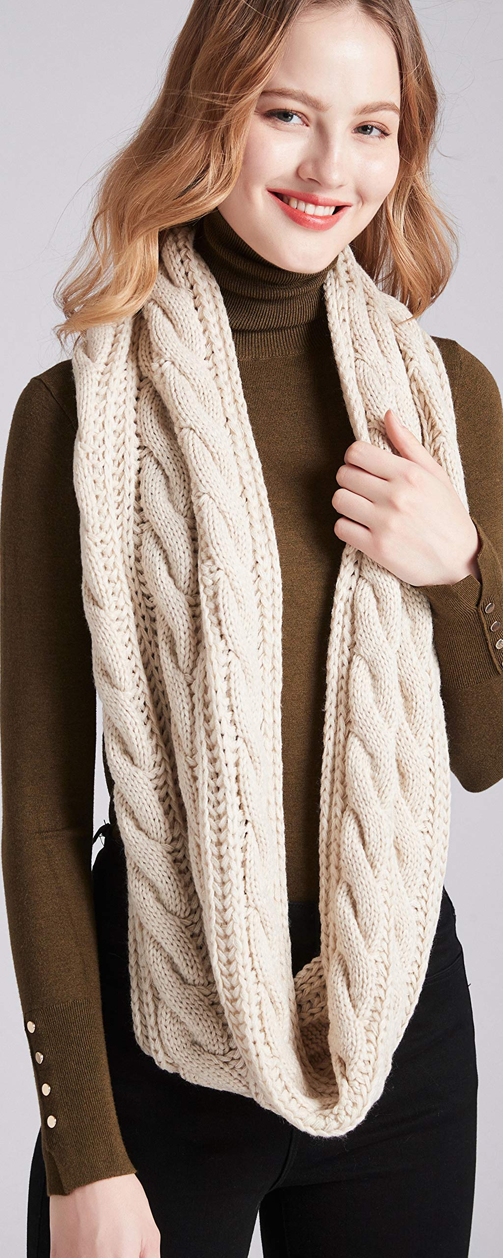 Thick Ribbed Knit Winter Infinity Circle Loop Scarf for Women in Khaki - Cozy and Stylish Cold Weather Accessory