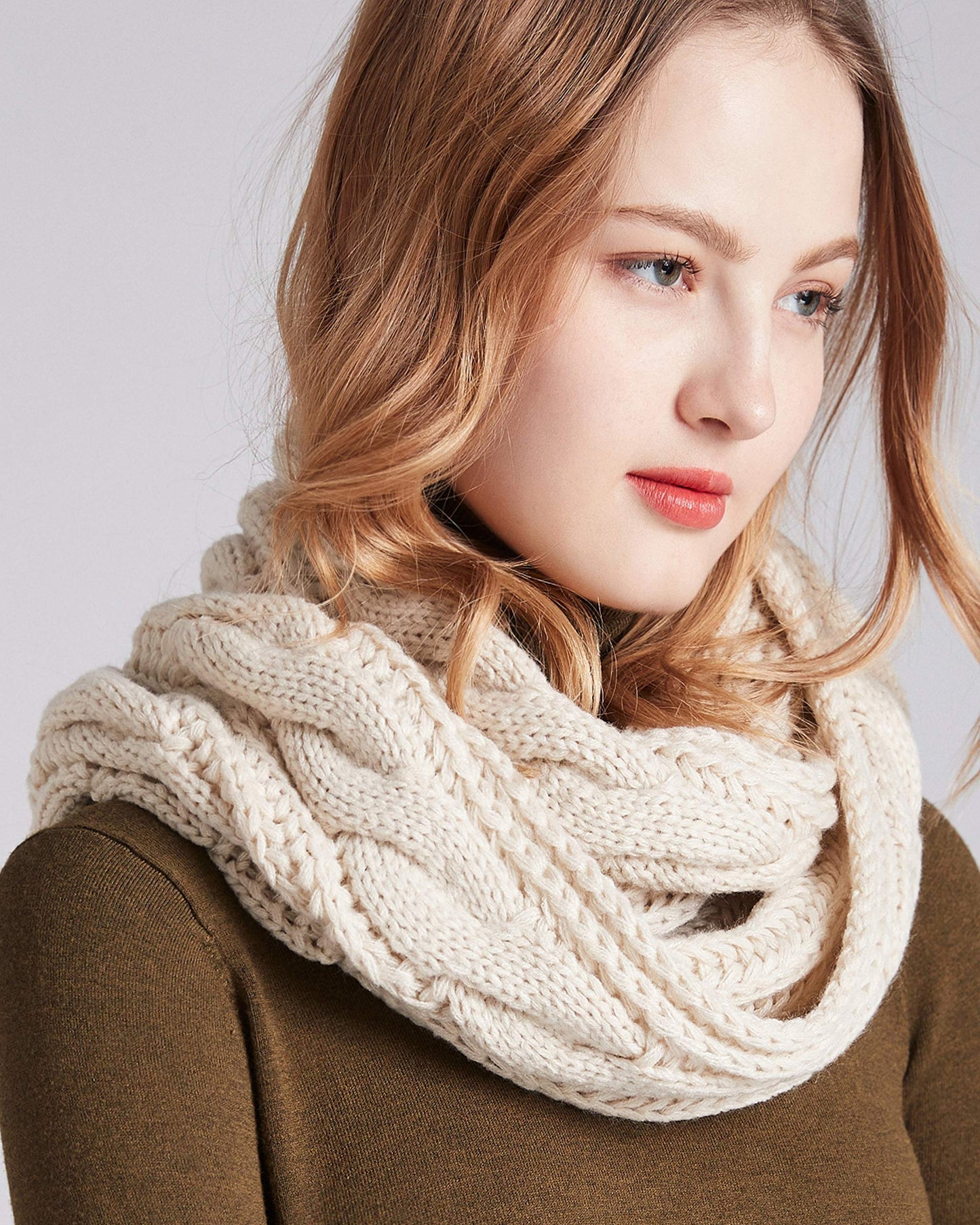 Thick Ribbed Knit Winter Infinity Circle Loop Scarf for Women in Khaki - Cozy and Stylish Cold Weather Accessory