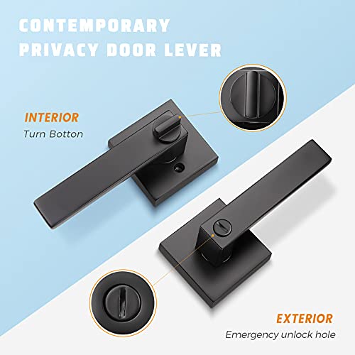 KNOBWELL 8 Pack Matte Black Interior Privacy Door Lever, Bedroom Door Knobs with Lock, Square Lever Door Handle, Heavy Duty Black Door Lever Handle