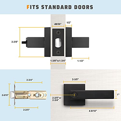 KNOBWELL 8 Pack Matte Black Interior Privacy Door Lever, Bedroom Door Knobs with Lock, Square Lever Door Handle, Heavy Duty Black Door Lever Handle