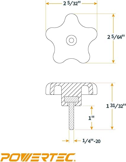 POWERTEC QNB3006-P2 5-Star Stud Knob, 1/4"-20, 10 PK