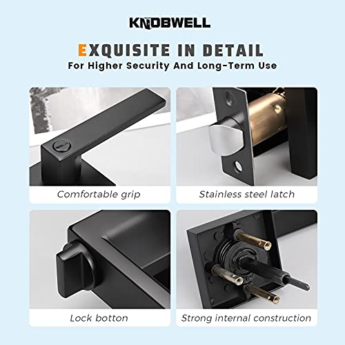 KNOBWELL 8 Pack Matte Black Interior Privacy Door Lever, Bedroom Door Knobs with Lock, Square Lever Door Handle, Heavy Duty Black Door Lever Handle