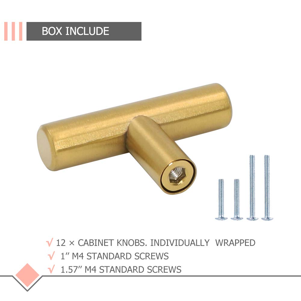 LONTAN 12 Pack Gold Drawer Knobs for Dresser Kitchen Cabinet Knobs LH201GD Gold Hardware for Cabinets Brushed Brass T Bar Knobs with 2 Inch Overall Length