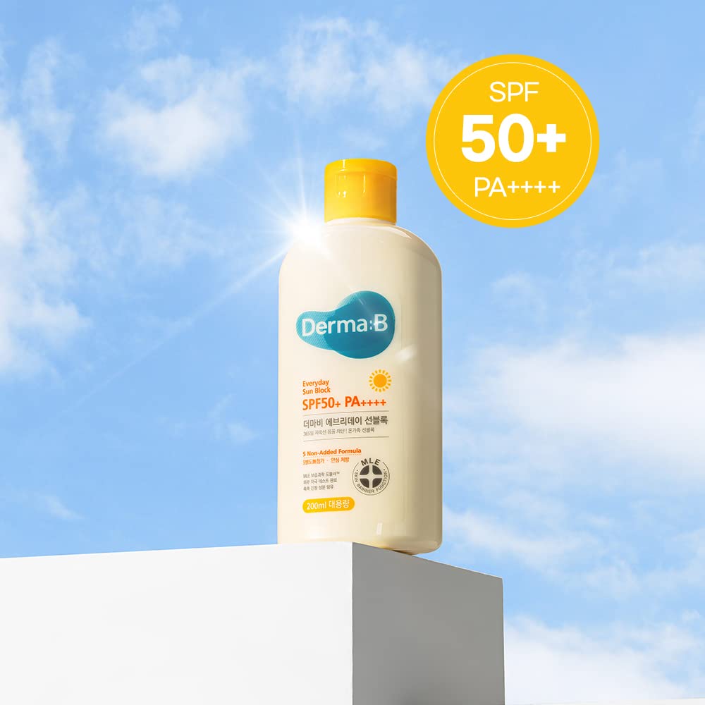 Derma B Everyday Sun Block Large Size Sunscreen SPF50+ PA++++ 6.71 Fl Oz, 200ml Fast-Absorbing Lightweight SPF Moisturizer, Facial Body Non-Sticky for Dewy Skin, Korean Protection Lotion