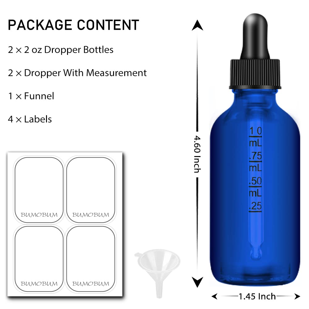 Bumobum Dropper Bottle 2 oz, Glass Eye Dropper Bottles for Essential Oils with Labels and Funnel, 2 pack Tincture Bottles with Dropper 60 ml -Blue