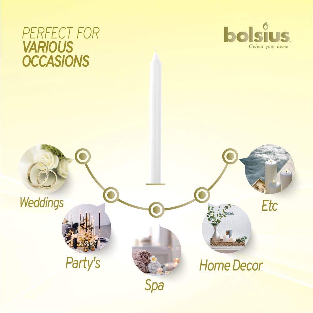 BOLSIUS White Candles 10 Pack - 9 Inch Straight Taper Candle Set - 8 Hour Candlesticks - Fits Most Standard Candle Holders - Premium European Quality - Household, Dinner, Wedding, & Party Candlesticks