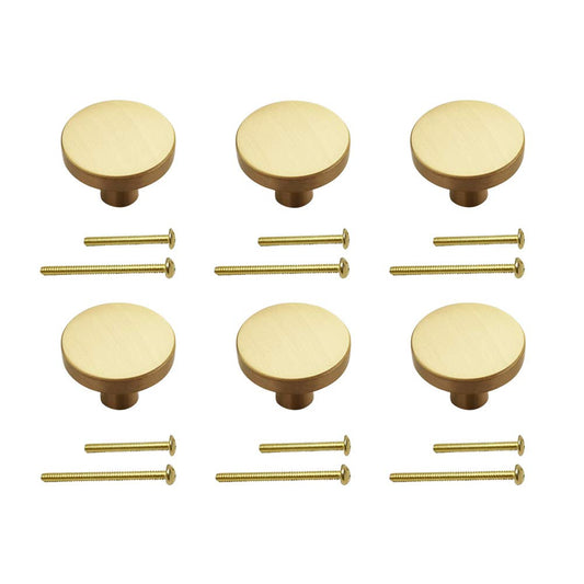 Tokatuker 6 Pack Brushed Brass Cabinet Knobs Solid Gold Round Dia.30MM Golden Cabinet Door Hardware Pull Dresser Knob Drawer Handle (1.2" Round)