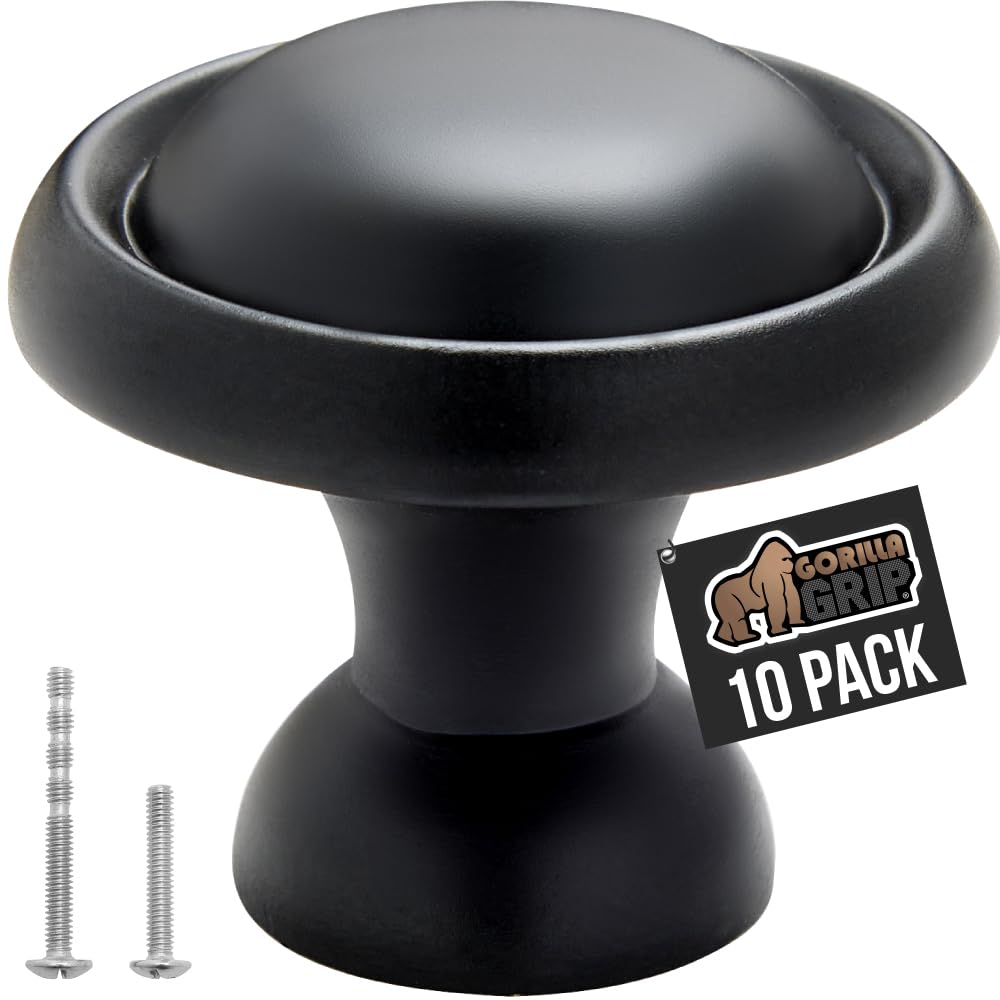 Gorilla Grip 10 Pack Durable 1.25” Round Zinc Alloy Cabinet Knobs, Rust and Scratch-Resistant Drawer Handles Pulls, Kitchen Bathroom Door Knob, Hardware Included Small Dresser Doors or Drawers, Black