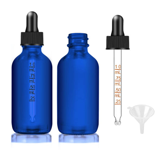 Bumobum Dropper Bottle 2 oz, Glass Eye Dropper Bottles for Essential Oils with Labels and Funnel, 2 pack Tincture Bottles with Dropper 60 ml -Blue