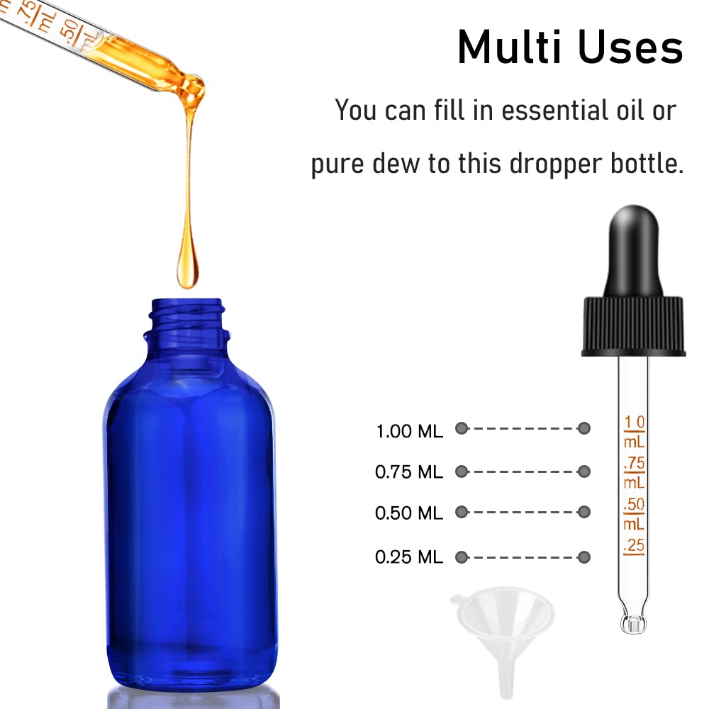 Bumobum Dropper Bottle 2 oz, Glass Eye Dropper Bottles for Essential Oils with Labels and Funnel, 2 pack Tincture Bottles with Dropper 60 ml -Blue