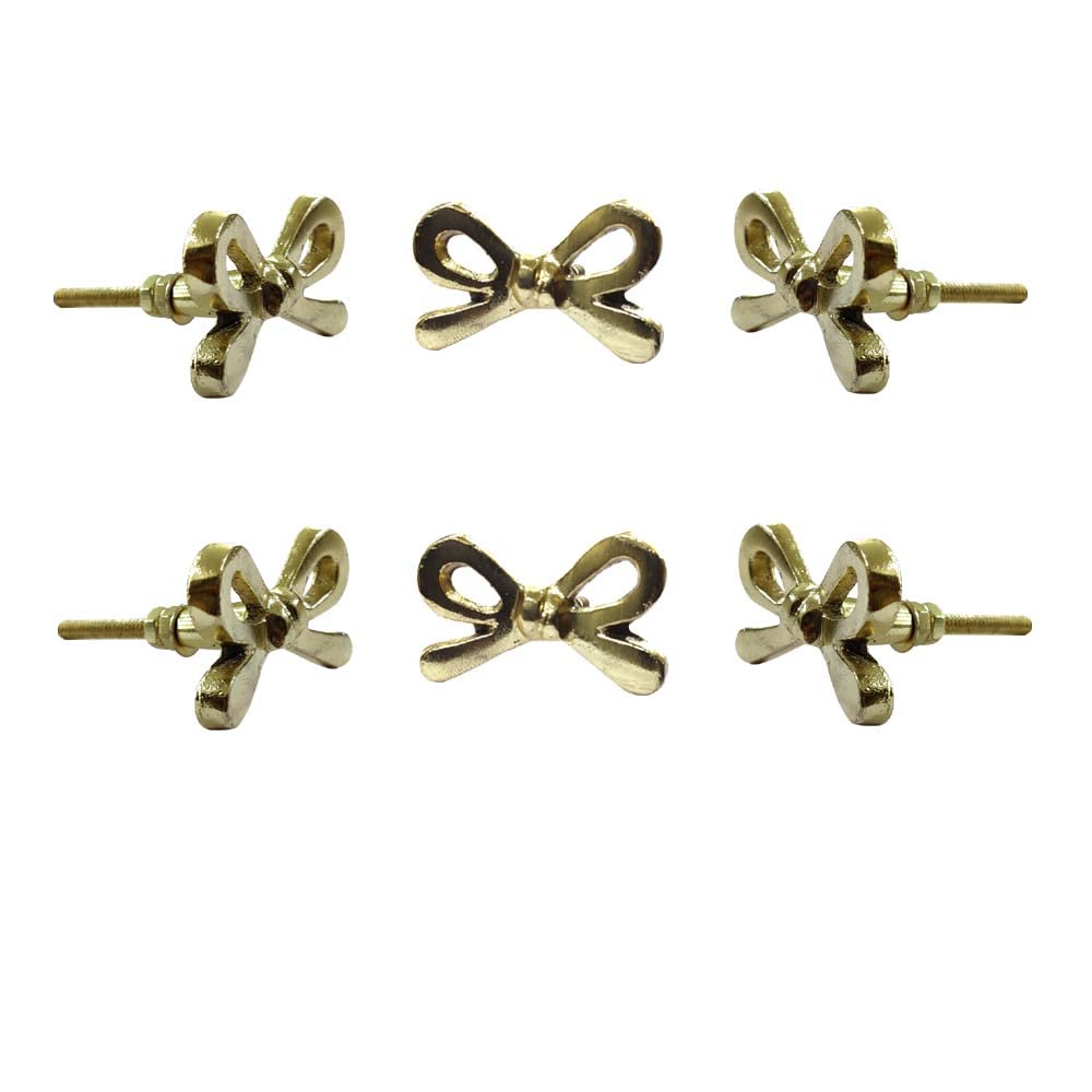 Perilla Home Set of 6 Brass Metal Knobs for Cabinet & Drawers Decorative Bow Knobs for Home Kitchen Cabinet Hardware Cupboard Glass Door Dresser Wardrobe and Drawer Pulls