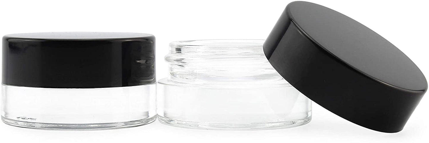 Cornucopia 7-Milliliter Clear Glass Balm Jars (12-Pack); 1/4 oz Cosmetic Jars with Lined Black Plastic Lids