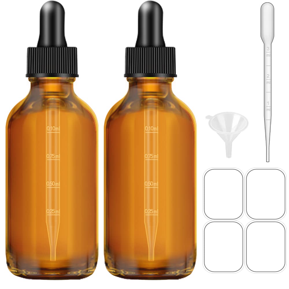 Bumobum Amber Dropper Bottles, 4oz 2-Pack Tincture Bottles with Dropper, Glass Bottle with Dropper for Essential Oils with Funnel, Labels & Pipette(Unbreakable Plastic Eye Dropper)