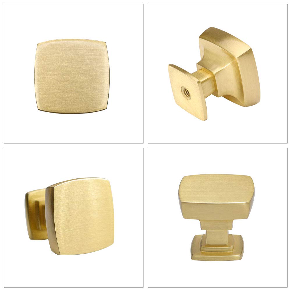 homdiy 10 Pack Brushed Brass Cabinet Knobs Solid Dresser Knobs - Square Drawer Knobs for Dresser Drawers MO9016GD Kitchen Cabinet Hardware