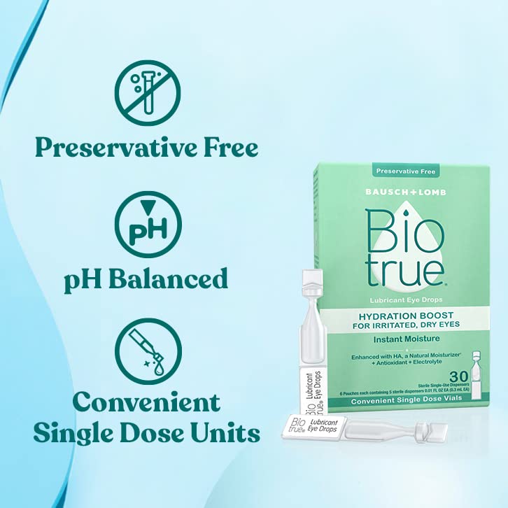 Biotrue Hydration Boost Eye Drops for Irritated, Dry Eyes in Single Dose Vials from Bausch + Lomb, Instant Moisture, Preservative Free, pH Balanced, Naturally Inspired, Pack of 30 Vials