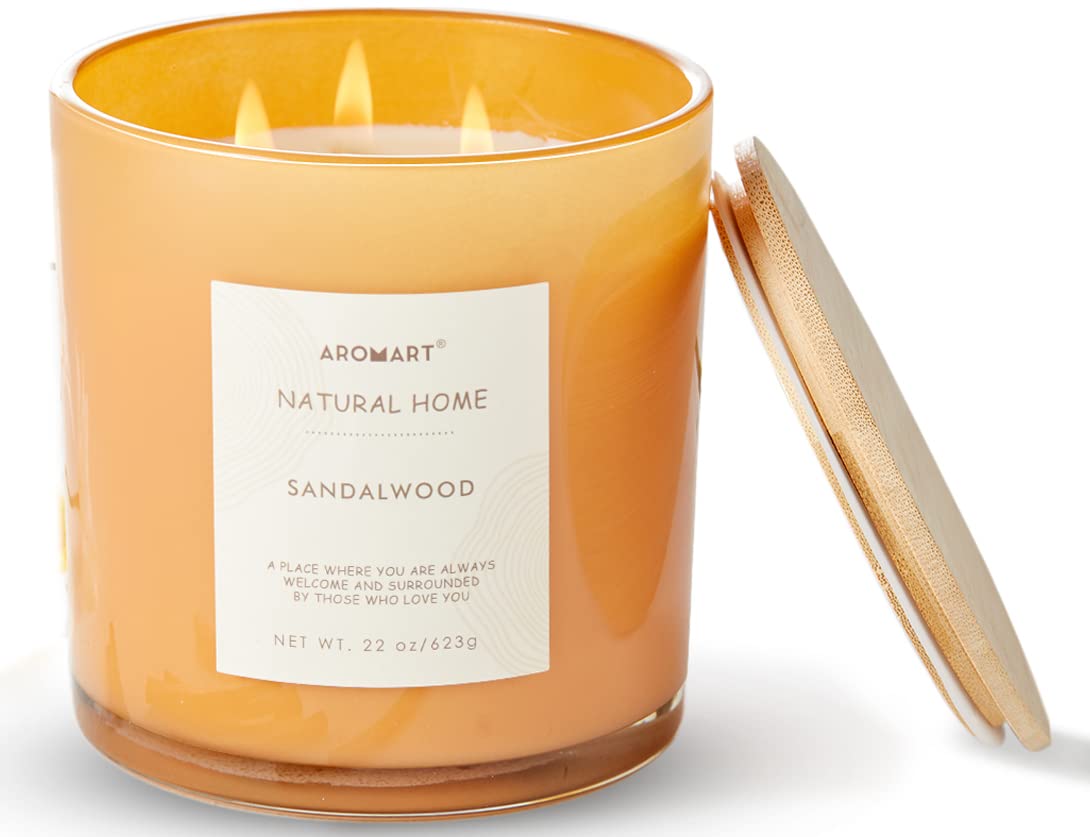 AROMART 3 Wick Large Scented Candles 22 Oz,Sandalwood Aromatherapy Candles for Home Scented, Soy Candles with 8% Essential Oils,Long Burning,Soy Wax Candles Gifts for Women Men