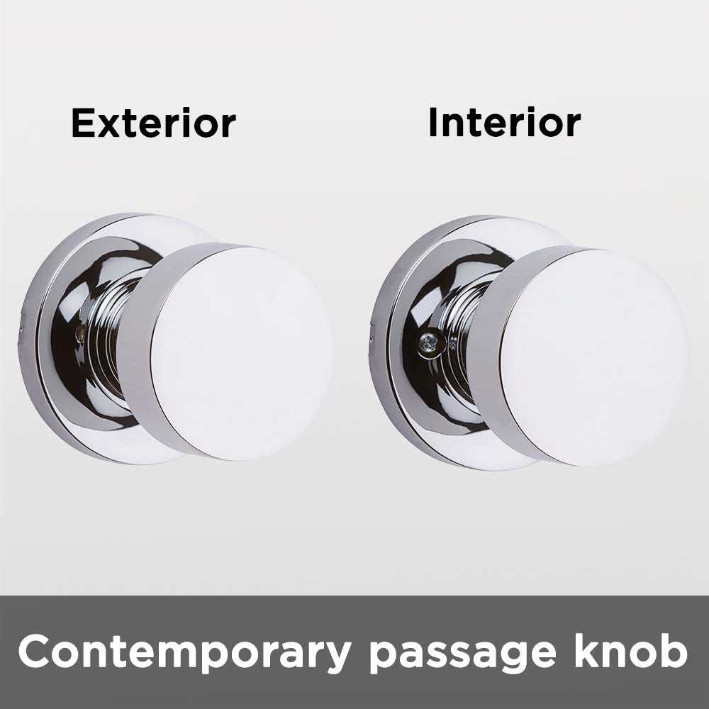 Kwikset Pismo Passage Door Knob, Non-Locking Stylish Door Handle for Interior Hallway and Closet Doors, With Round Rose in Polished Chrome