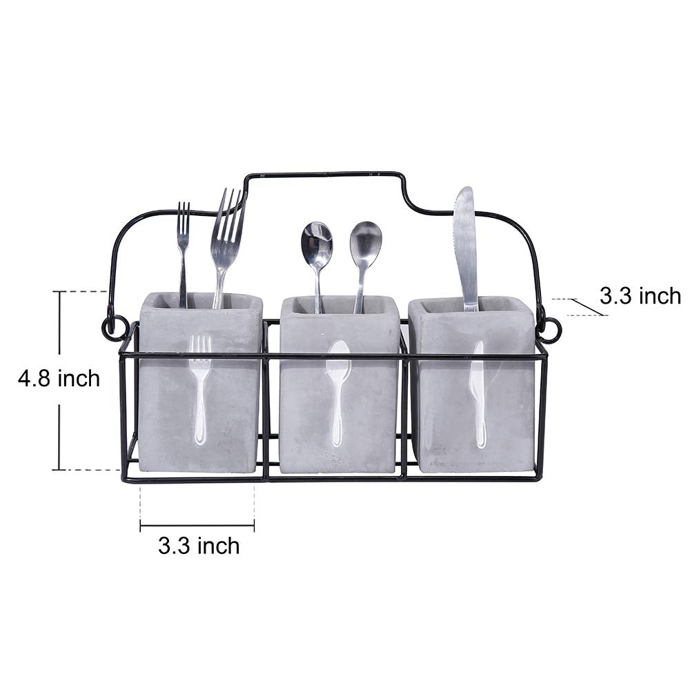 MADECO Kitchen Utensil Holder Set 3 Pieces Cement Utensil Crocks & 1 Portable Wire Caddy - Embossed Design-Organize Your Flatware & Silverware with Ease (Square)