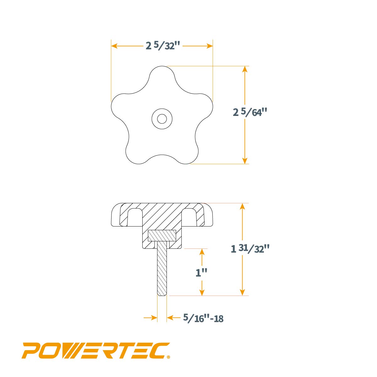 POWERTEC QNB3007-P2 5-Star Stud Knob, 5/16"-18, 10 PK