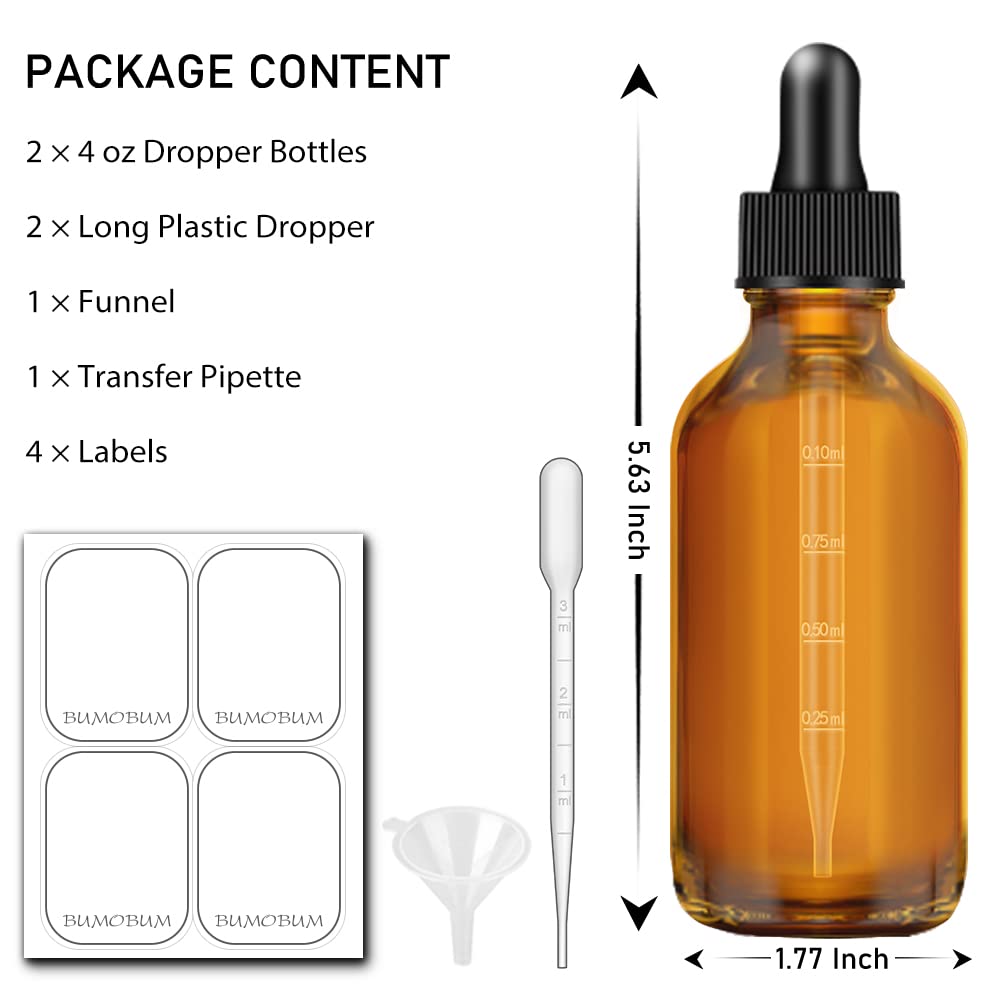 Bumobum Amber Dropper Bottles, 4oz 2-Pack Tincture Bottles with Dropper, Glass Bottle with Dropper for Essential Oils with Funnel, Labels & Pipette(Unbreakable Plastic Eye Dropper)