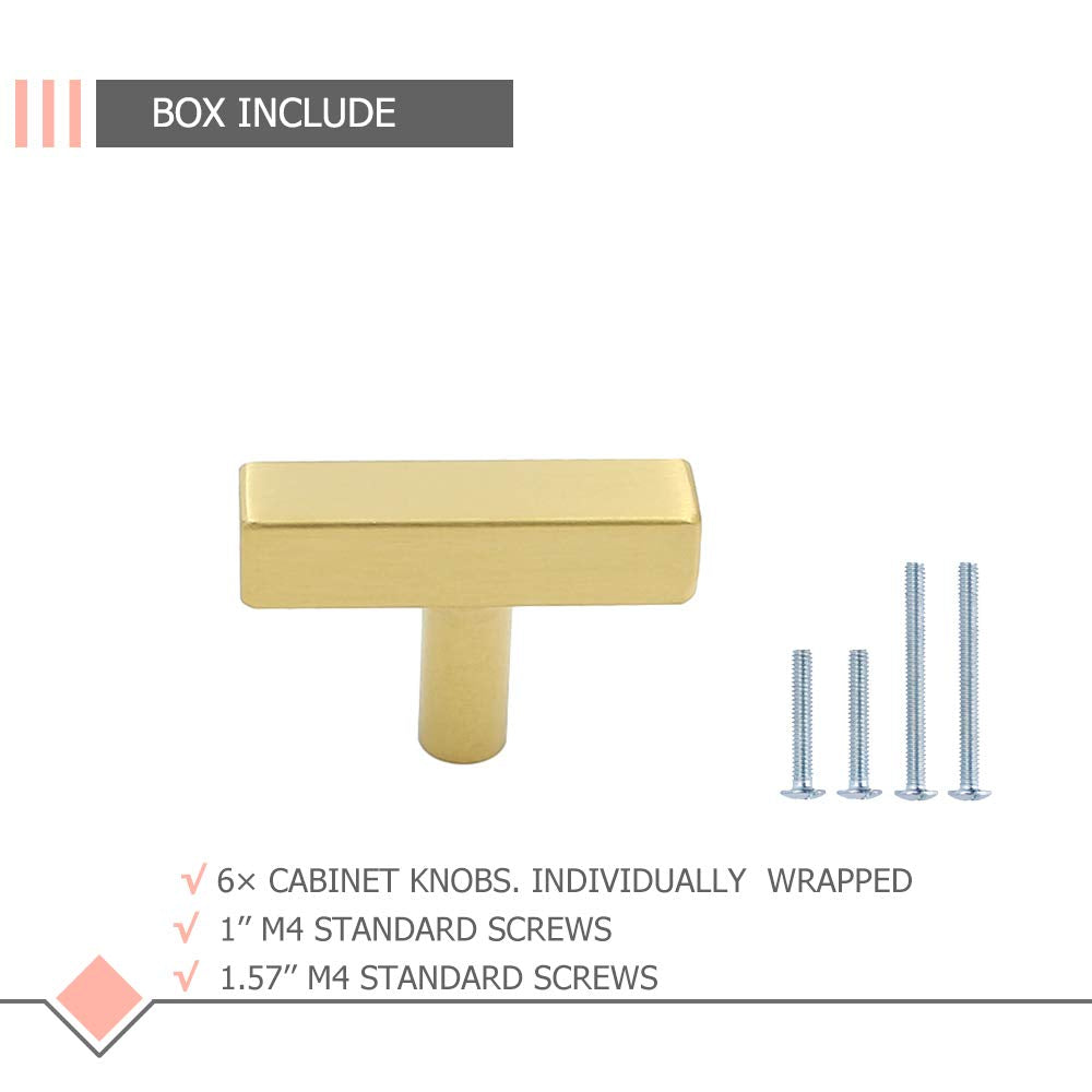 LONTAN 6Pack Kitchen Cabinet knobs Brushed Brass Cabinet Knobs Square - LS1212GD Euro Gold Cabinet Knobs T Bar Stainless Steel Knobs for Cabinets,Single Hole 2'' Length