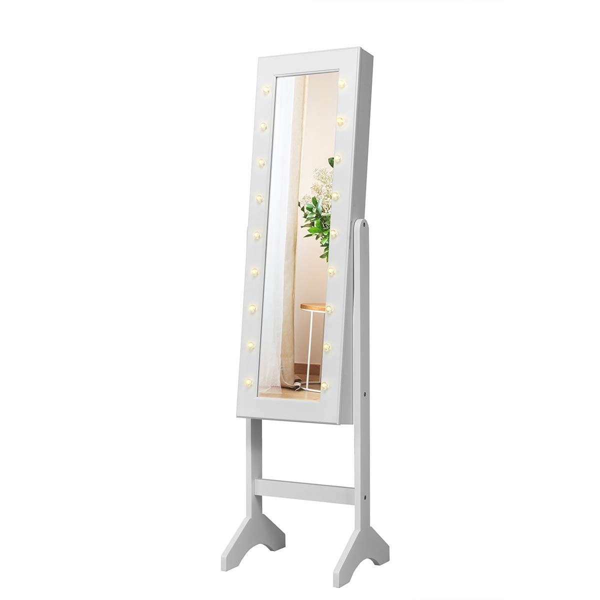 Giantex Standing Jewelry Armoire with 18 LED Lights Around the Door, Large Storage Mirrored Jewelry Cabinet with Full Length Mirror, 16 Lipstick Holders, 1 Inside Makeup Mirror (White)