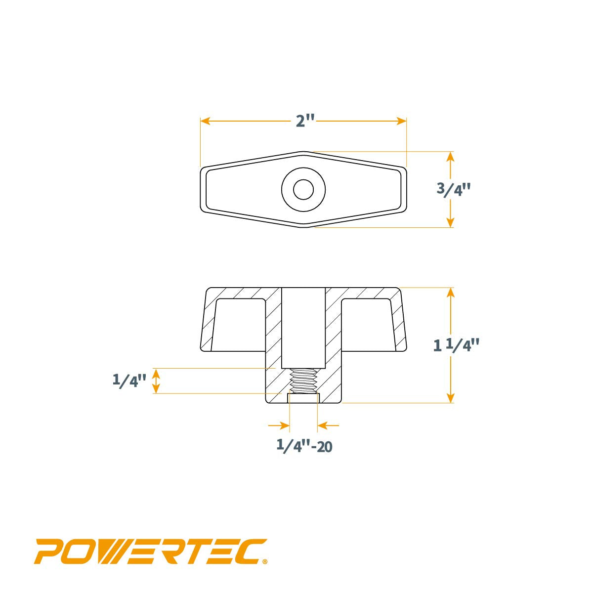 POWERTEC QNB3001-P2 T Thru Knobs, 1/4"-20, 10 PK