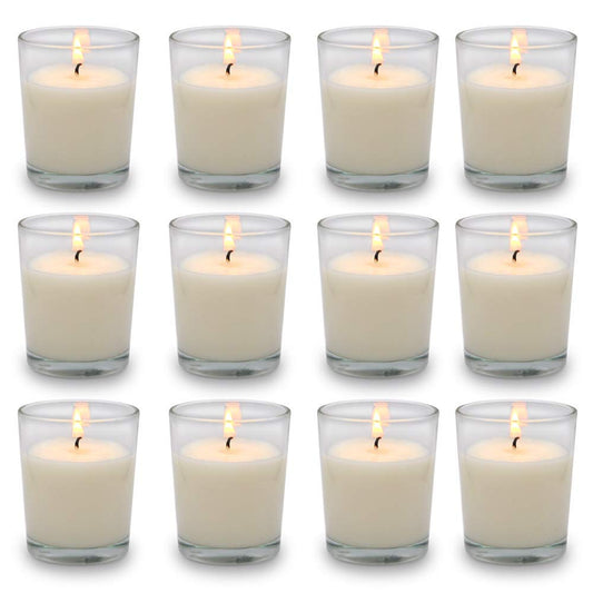 Set of 12 White Votive Candles Clear Glass Filled Unscented Soy Wax Candle for Home Décor Spa Weddings Birthday Holidays Party and DIY