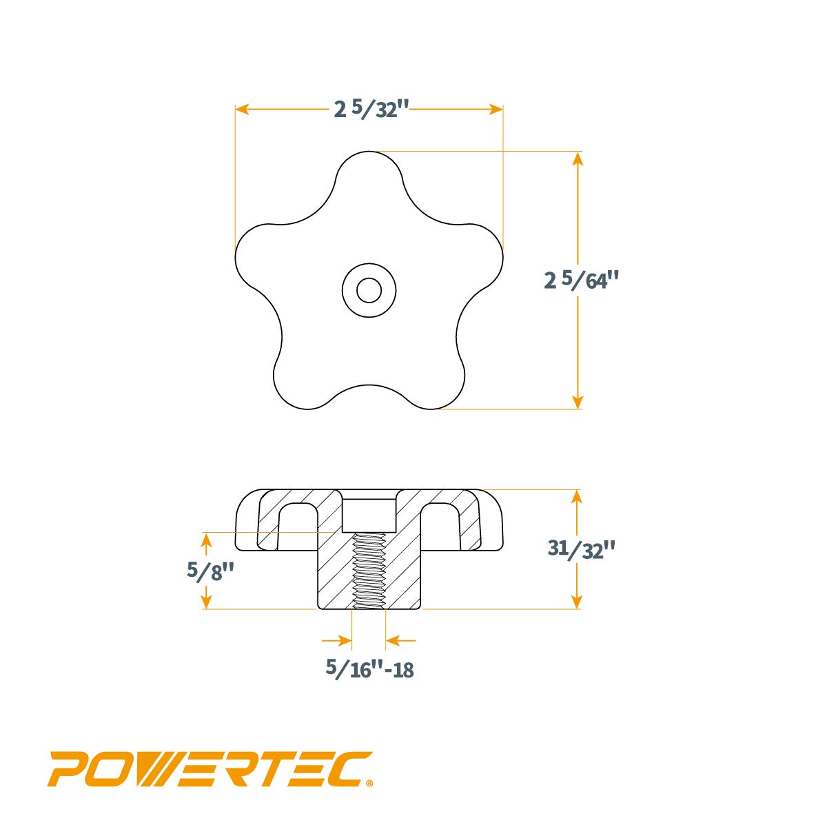 POWERTEC 71071V 5-Star Thru Knob 5/16-Inch-18, 5-Pack