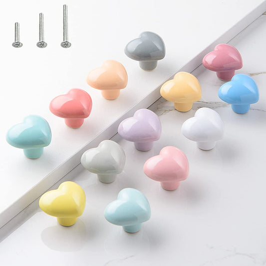 HUAMULAN 15PCS Glossy Ceramic Knobs Heart Shape Cabinet Dresser Kids Child Pulls Door Handles Cupboard Wardrobe Drawer,3 Size Mounting Screws, Assorted Color