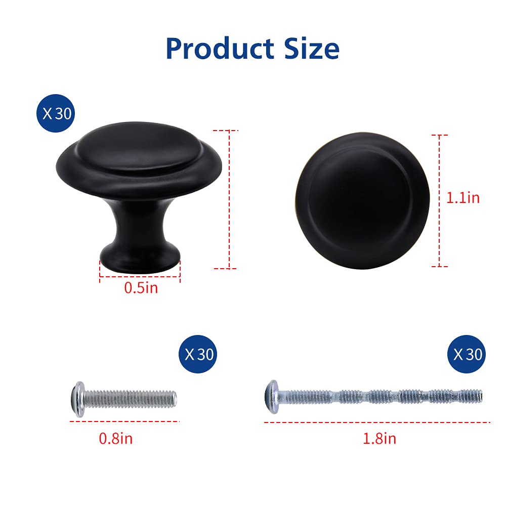 LFSEMINI Round Cabinet Knobs, 30/60pcs Drawer Knobs, 1.1in Door Knobs Matte Black Stainless Steel Round Cabinet Pulls with 30 Short Screws & 30 Slub Screws, for Kitchen, Bathroom(30pcs Knobs)