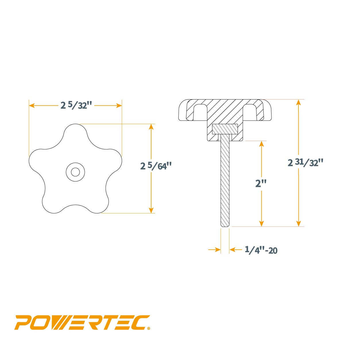 POWERTEC QNB3010-P2 5-Star Stud Knob, 1/4"-20, 2" Long, 10 PK