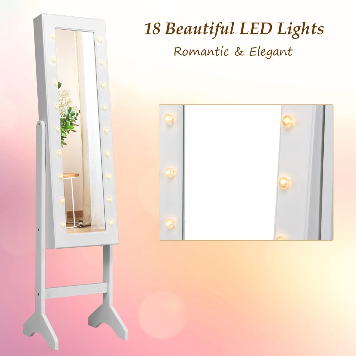 Giantex Standing Jewelry Armoire with 18 LED Lights Around the Door, Large Storage Mirrored Jewelry Cabinet with Full Length Mirror, 16 Lipstick Holders, 1 Inside Makeup Mirror (White)