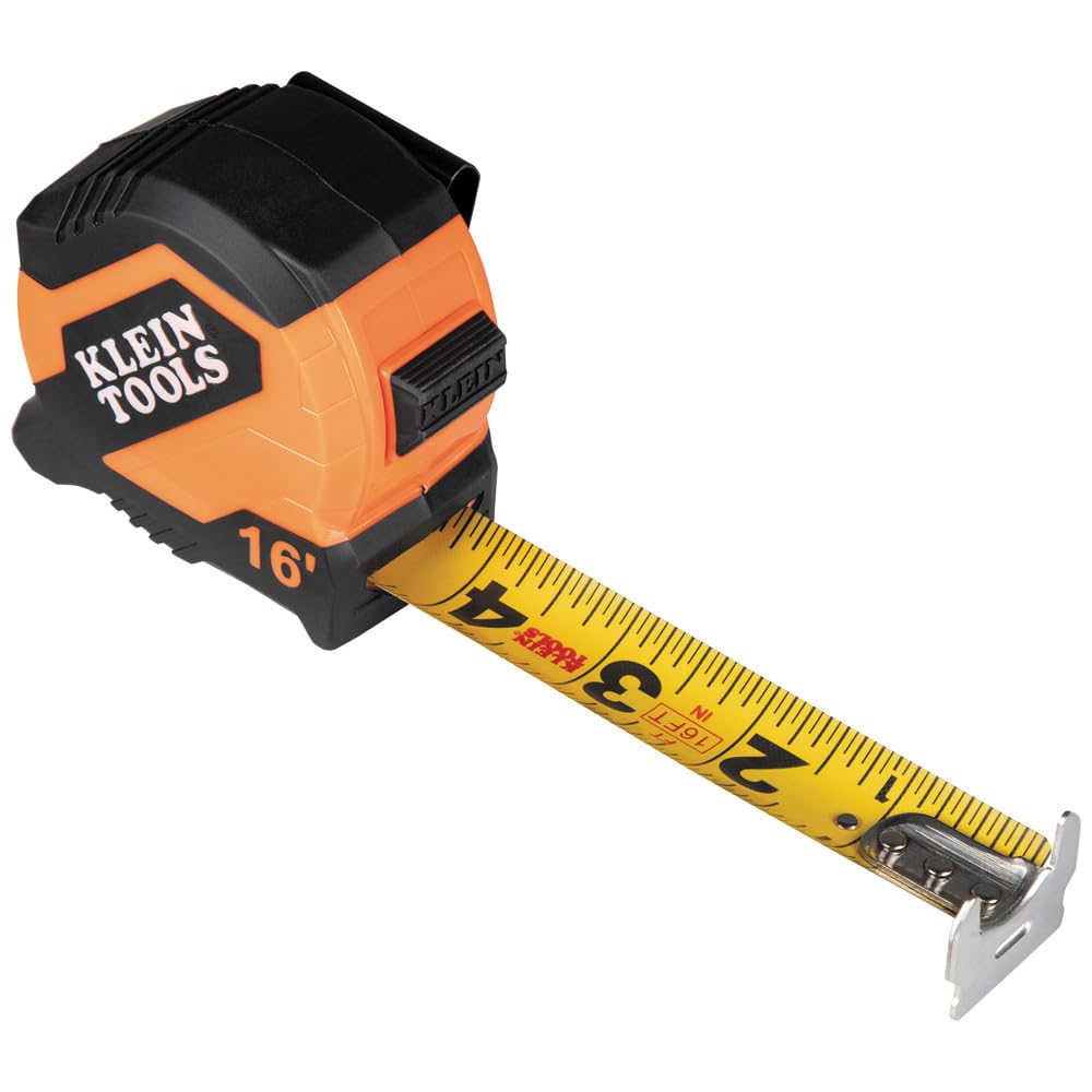 Klein Tools 9516 Tape Measure, 16-Foot Compact Double-Hook Imperial Measuring Tape with Finger Brake, Nylon Blade, Easy to Read Bold Lines