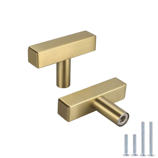 LONTAN 6Pack Kitchen Cabinet knobs Brushed Brass Cabinet Knobs Square - LS1212GD Euro Gold Cabinet Knobs T Bar Stainless Steel Knobs for Cabinets,Single Hole 2'' Length