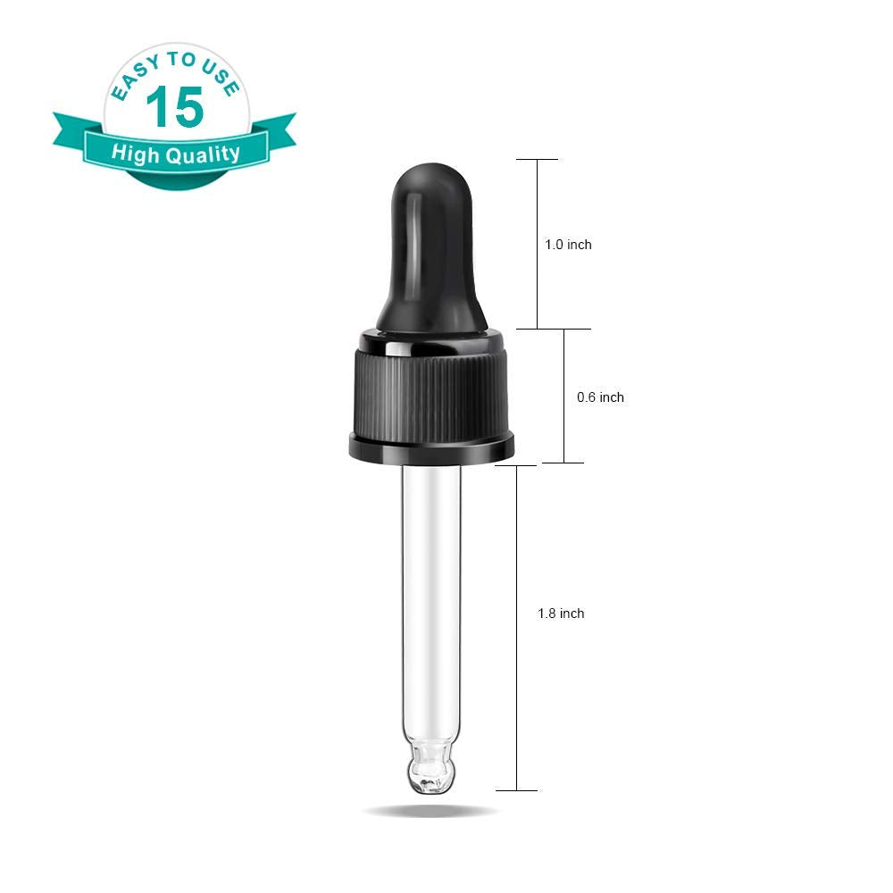 YGDZ Droppers for Essential Oils, 15 Pack 15ml (1/2 Ounce) Glass Eye Dropper Tops - Fit for DoTerra Young Living 15ml Essential Oil Bottles