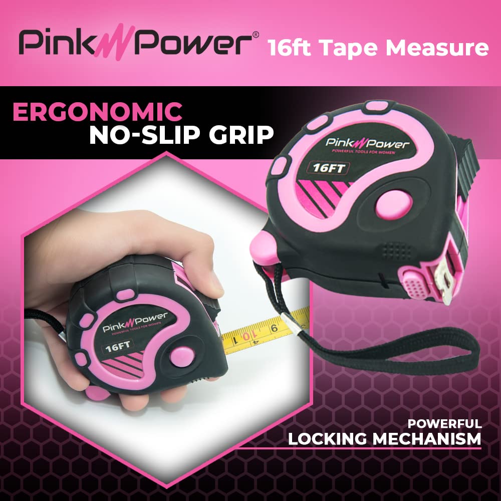 Pink Power 16ft Pink Measuring Tape Measure for Womens Tool Kit with Retractable Blade and Lock Button - Girls Tape Measure for Pink Tools - Lightweight Measurement Tape