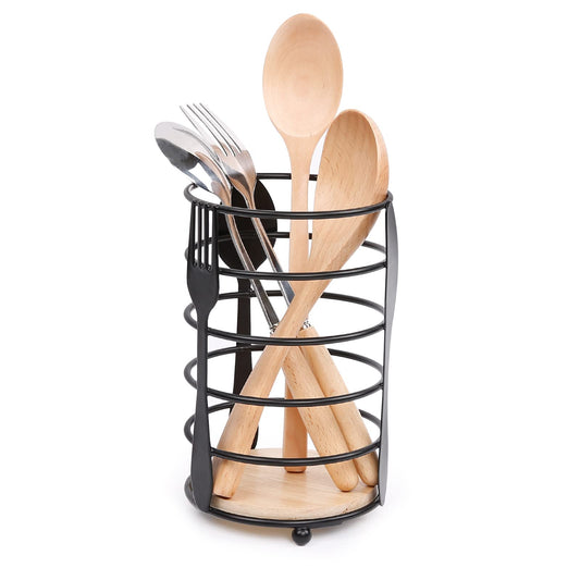 PRATIQUE Utensil holder for Kitchen Counter,4" x 4" x 6.5" Round Utensils Holder with Wooden Base Matte Black Cooking Utensil Holder，Kitchen countertop Utensil Organizer