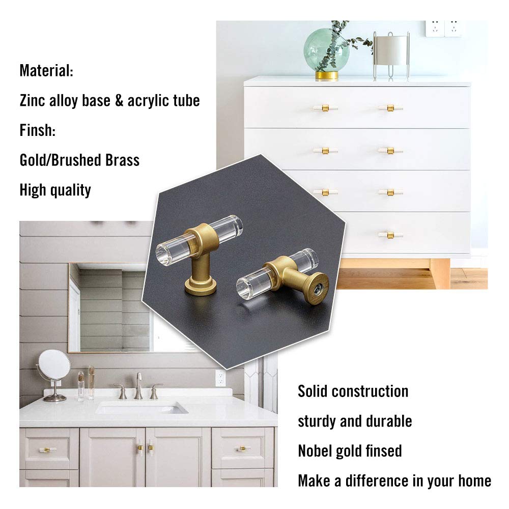 Peaha 15 Pack Acrylic Dresser Knobs Brass Cabinet Knobs Gold Drawer Dresser Knobs Bathroom Cabinet Hardware 2in Length Knobs for Bathroom Cabinets, PH9165GD